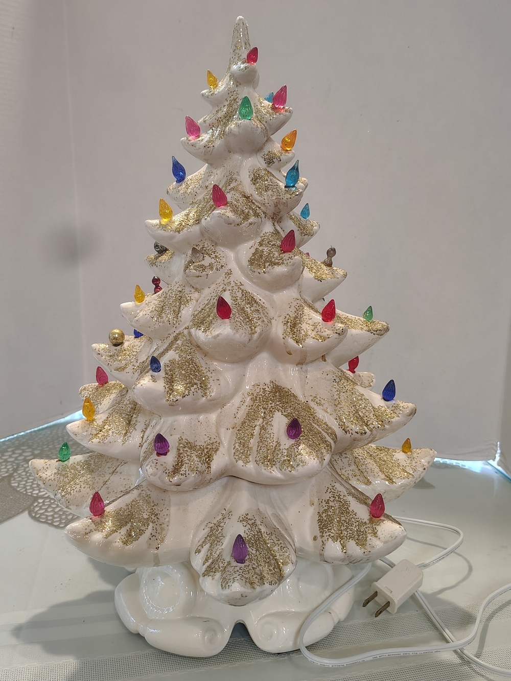 Vintage White Ceramic Christmas Tree with Gold Trimming